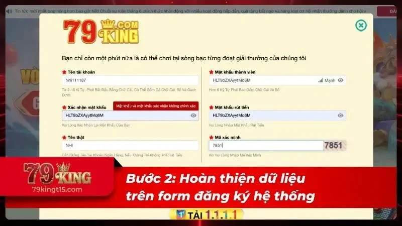 Người dùng điền đầy đủ thông tin trên biểu mẫu đăng ký